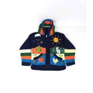 Peruvian Sweater Kids 3-4 YRS Blue Colorful Farm Animal Chunky Knit Embroidered